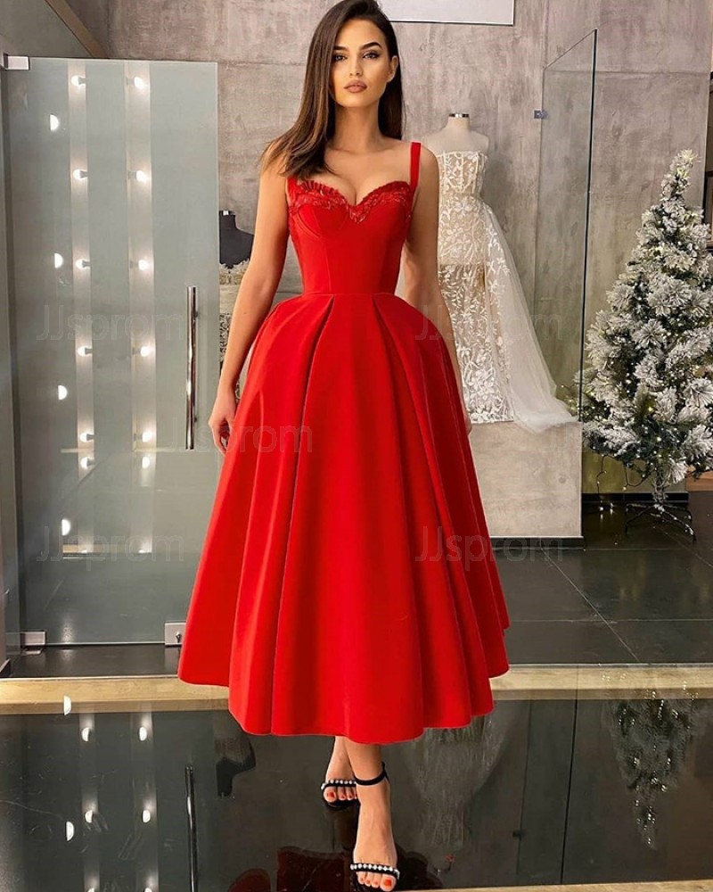 Beading Red Square Neckline Satin Ankle Length Formal Dress PD2321