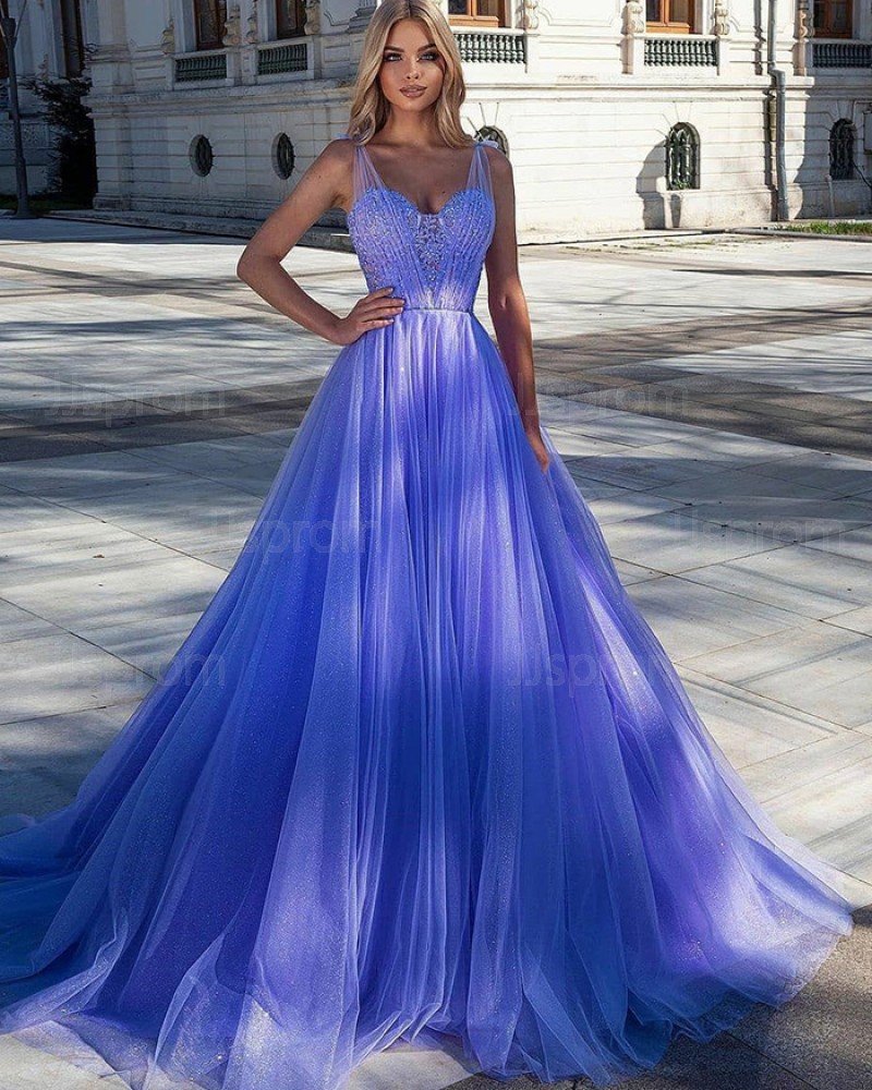 Sequin Bodice Pleated Tulle V-neck Sky Blue Evening Dress PD2324