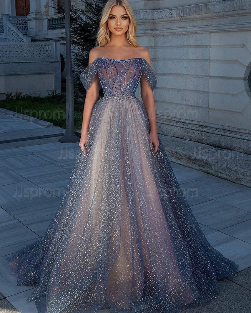 Off the Shoulder Sequin Blue Gorgeous Evening Dress PD2326