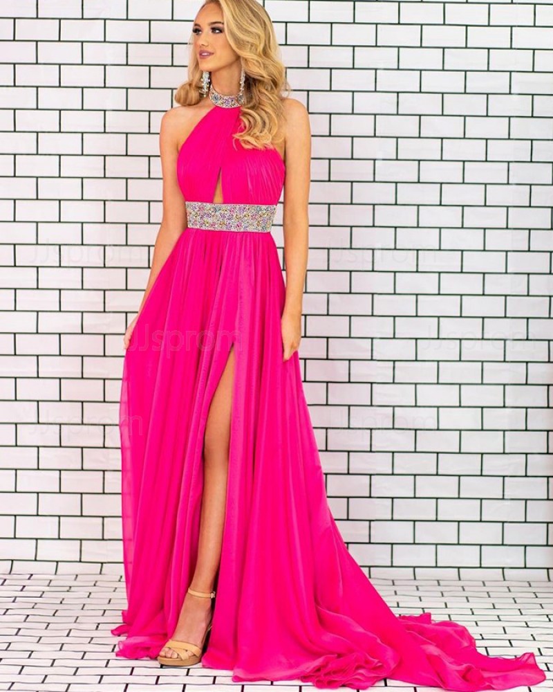 Ruched Fuchsia High Neck Chiffon Beading Formal Dress with Side Slit PD2329