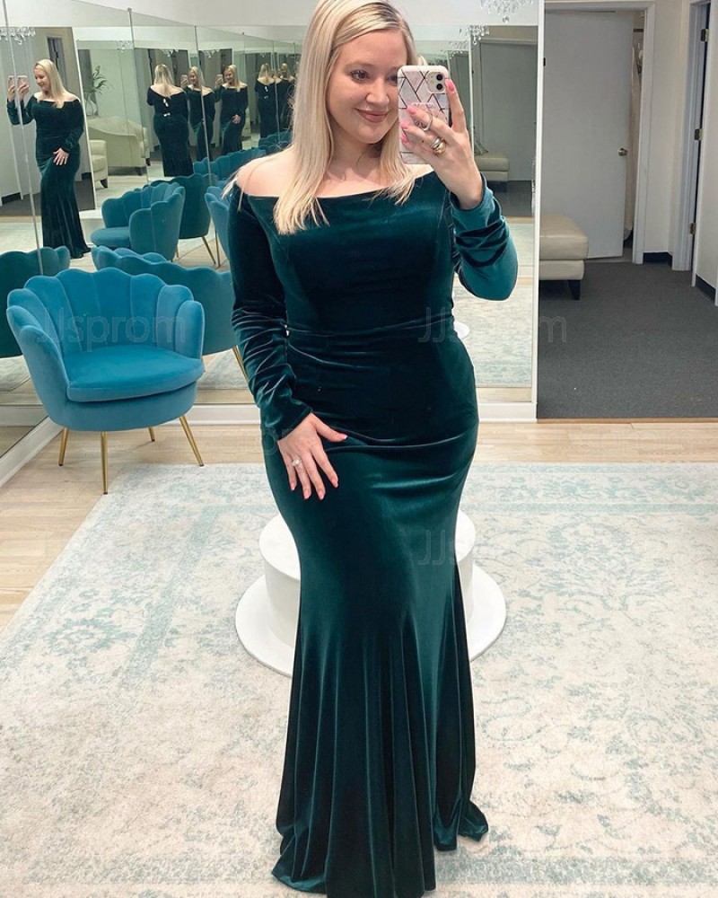 Green Velvet Off the Shoulder Mermaid Formal Dress with Long Sleeves PD2330