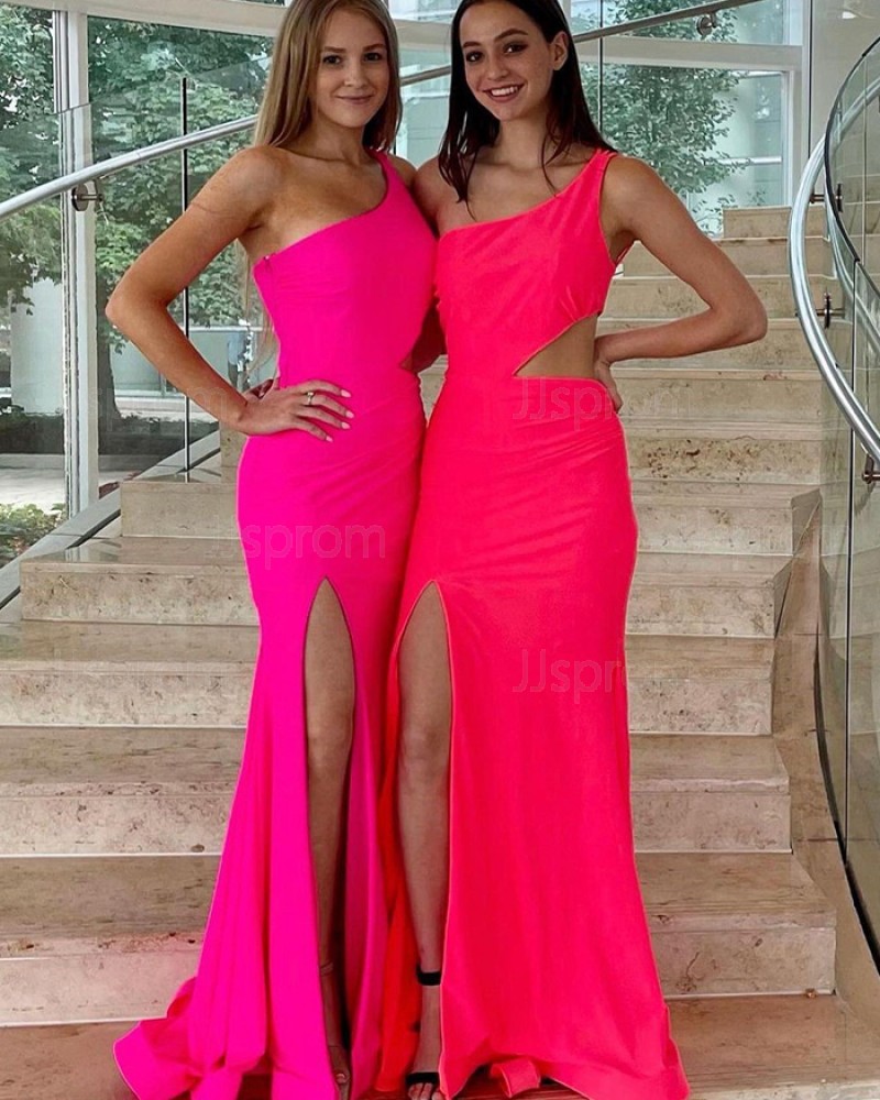 Cutout One Shoulder Pink Satin Mermaid Formal Dress with Side Slit PD2331