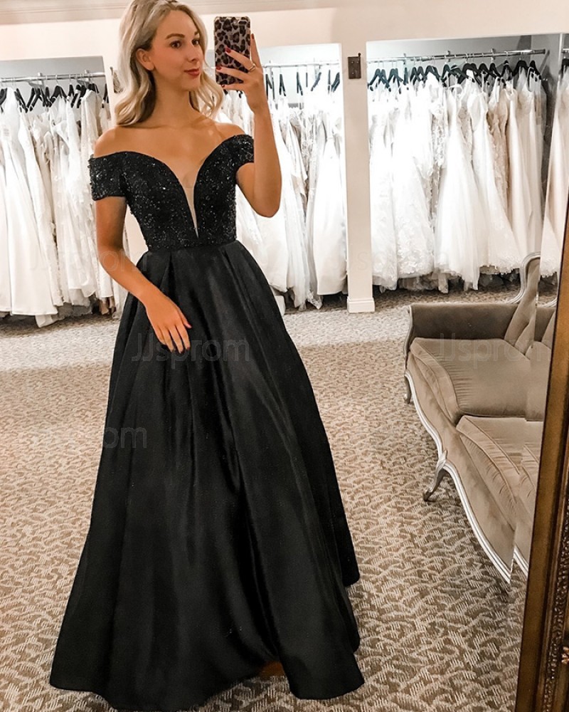 Black Off the Shoulder Beading Bodice Satin Formal Dress PD2333