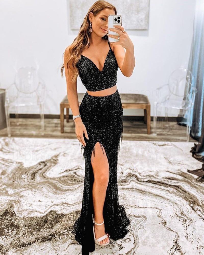 Black Sequin Mermaid Two Piece Prom Dress with Side Slit & Tassels PD2339