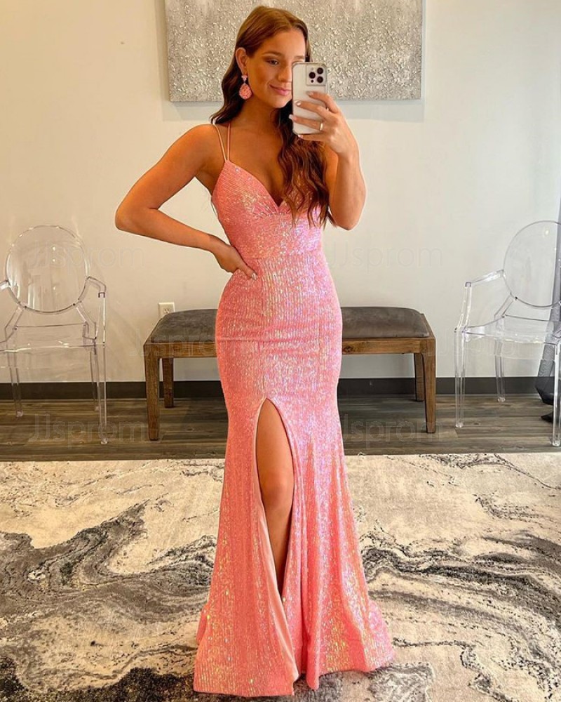 Pink Strappy Sequin Spaghetti Straps Mermaid Prom Dress with Side Slit PD2340