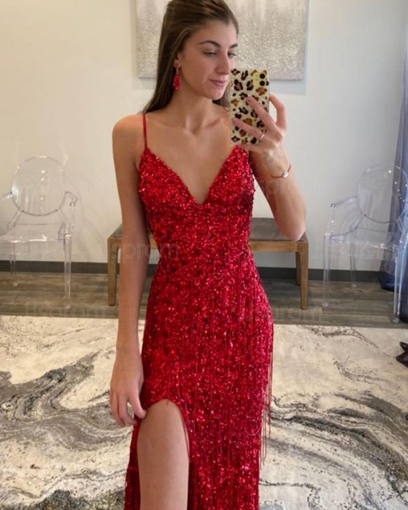 Spaghetti Straps Mermaid Sequin Red Prom Dress with Side Slit & Tassels PD2341