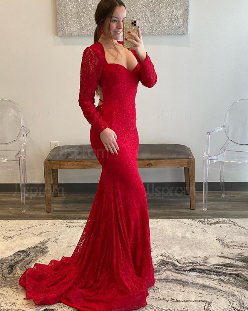 Red Beading Queen Anne Lace Mermaid Prom Dress with Long Sleeves PD2343