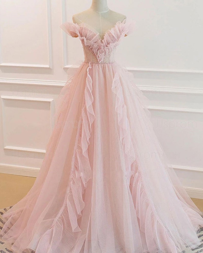 Light Pink Ruched Tulle V-neck Beading A-line Evening Dress PD2344