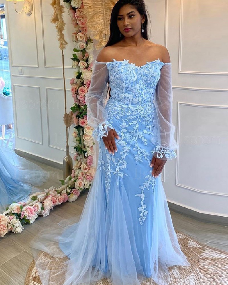 Blue Applique Tulle Off the Shoulder Prom Dress with Long Sleeves PD2345