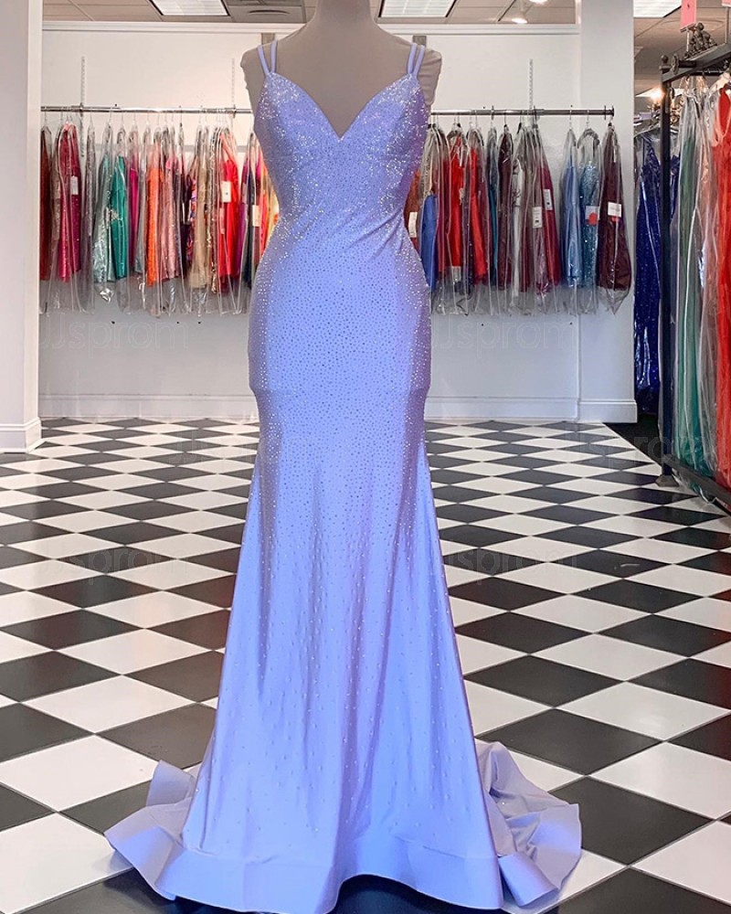 Blue Beading Mermaid Spaghetti Straps Prom Dress PD2350