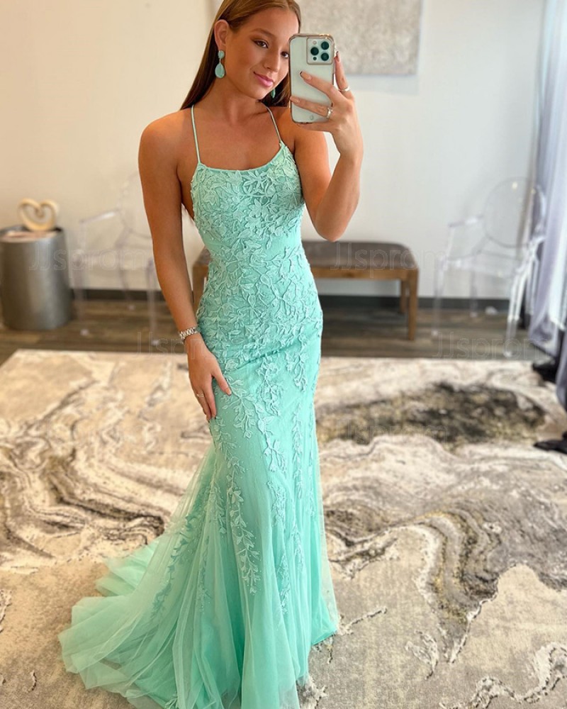 Lace Applique Mermaid Spaghetti Straps Prom Dress PD2351