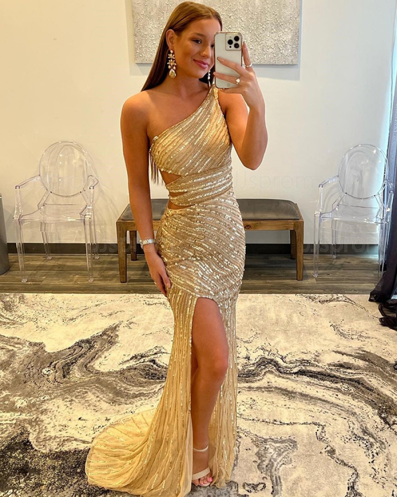 Gold Strappy Sequin One Shoulder Cutout Prom Dress with Side Slit PD2352