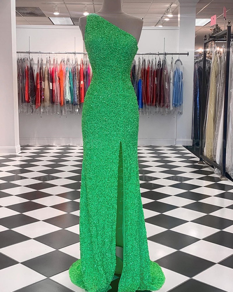 Green Sequin Mermaid One Shoulder Prom Dress with Side Slit PD2358