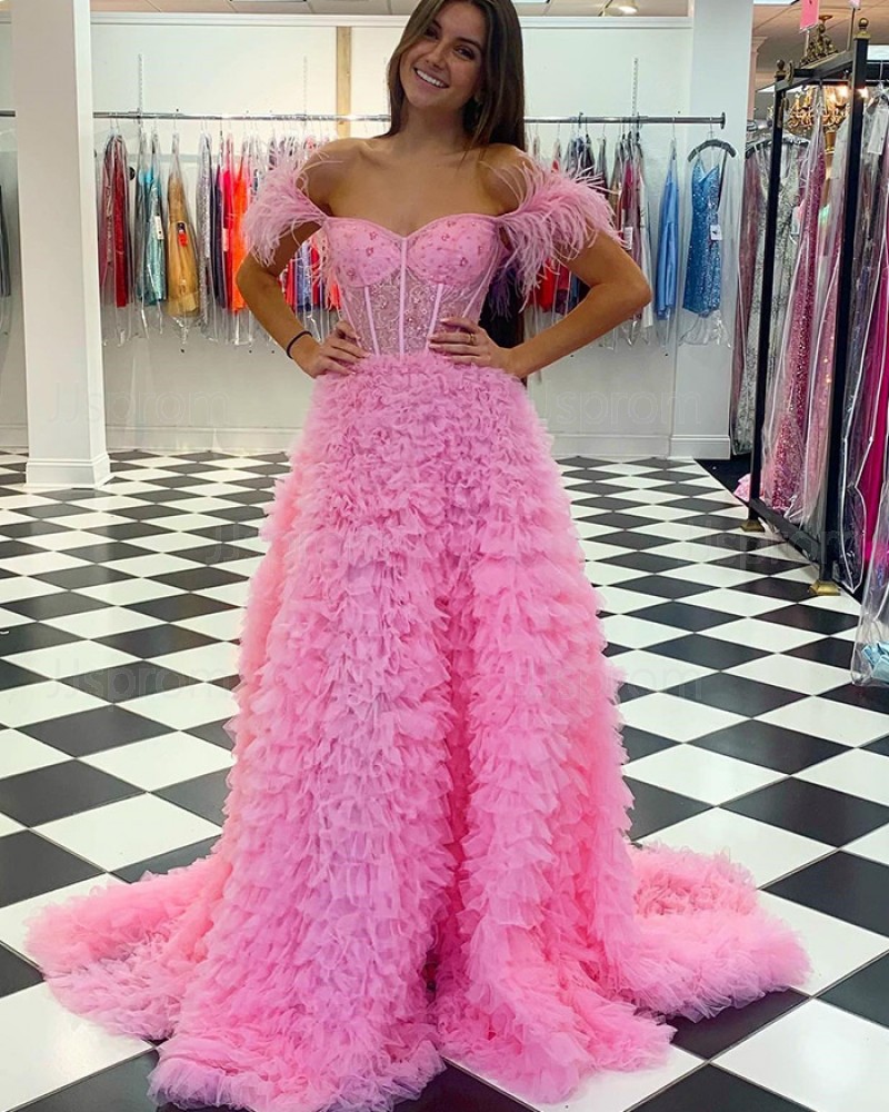 Pink Beading Bodice Ruffled Off the Shoulder Prom Dress with Feathers PD2359