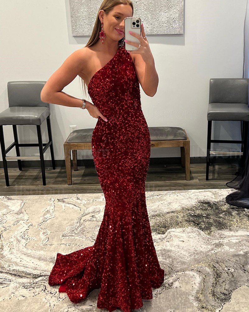 Burgundy Sequin Mermaid One Shoulder Prom Dress PD2360