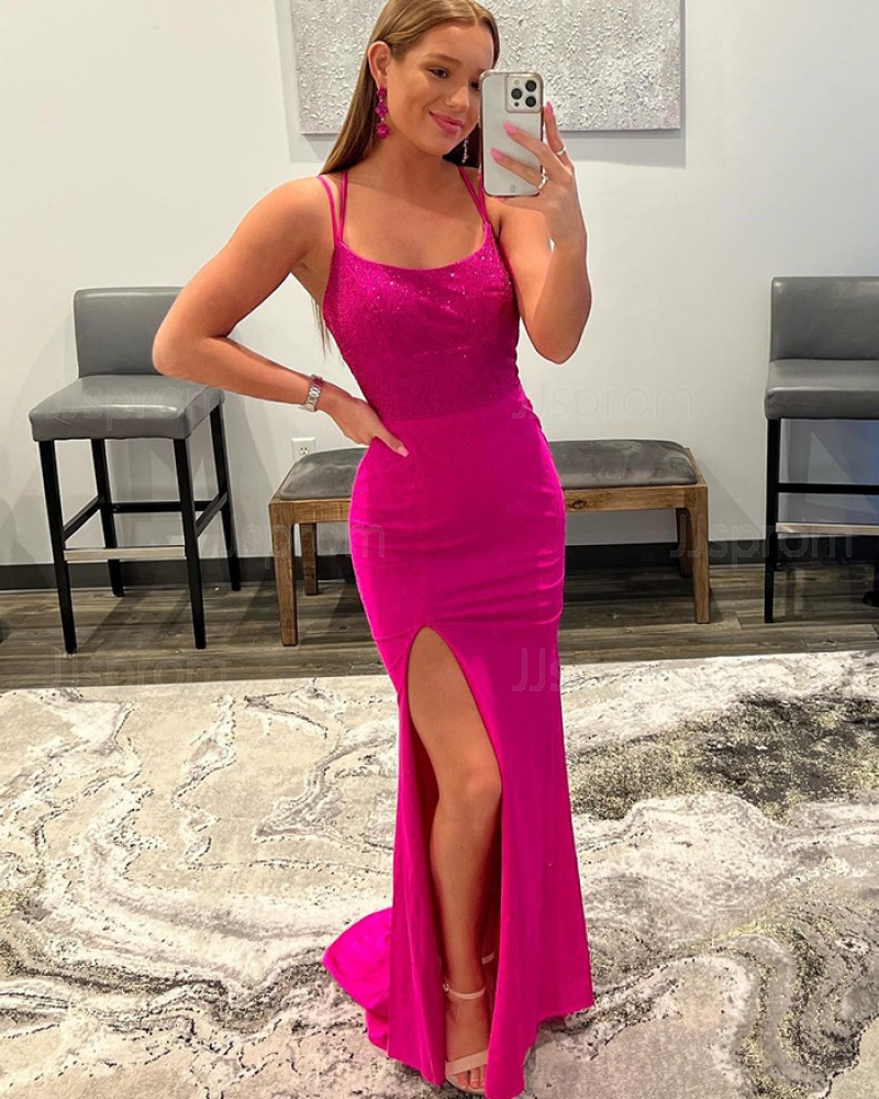 Blushing Pink Beading Mermaid Spaghetti Straps Prom Dress with Side Slit PD2364