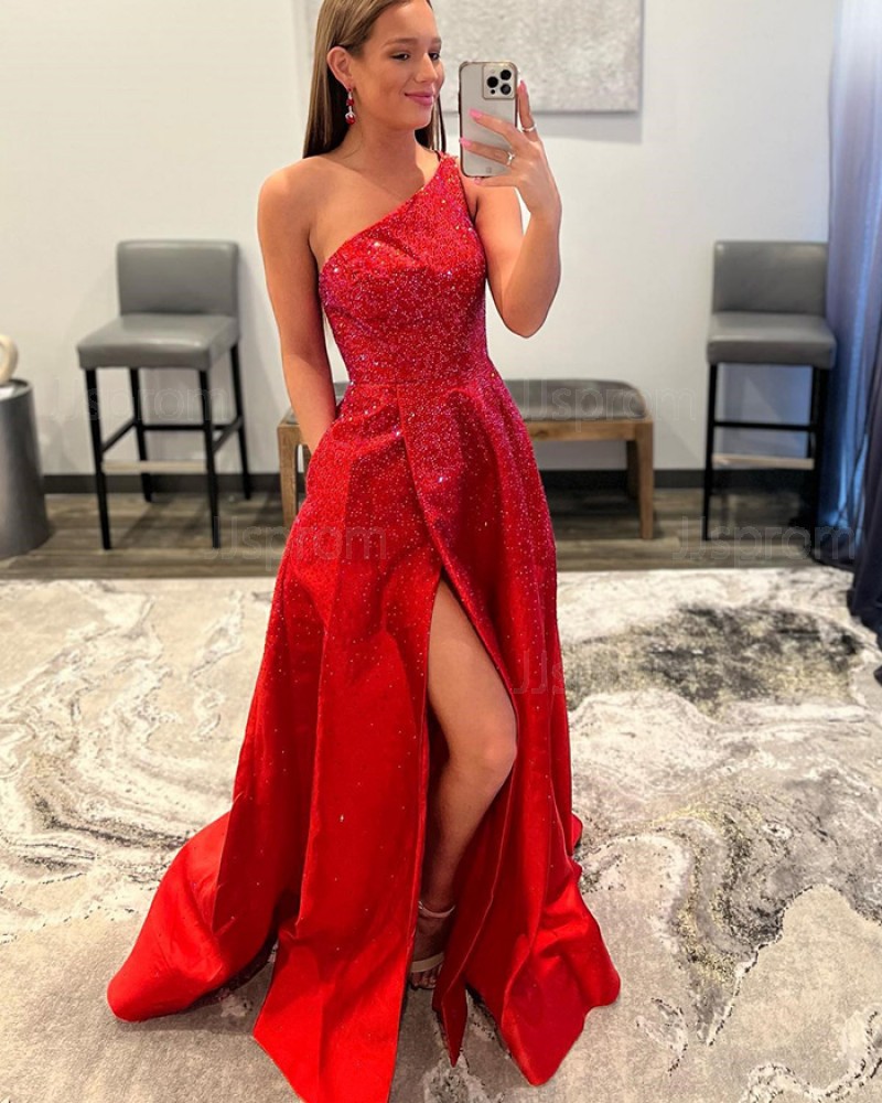 rygte svømme hensynsløs Buy red beading satin one shoulder prom dress with pockets online at  JJsprom.com