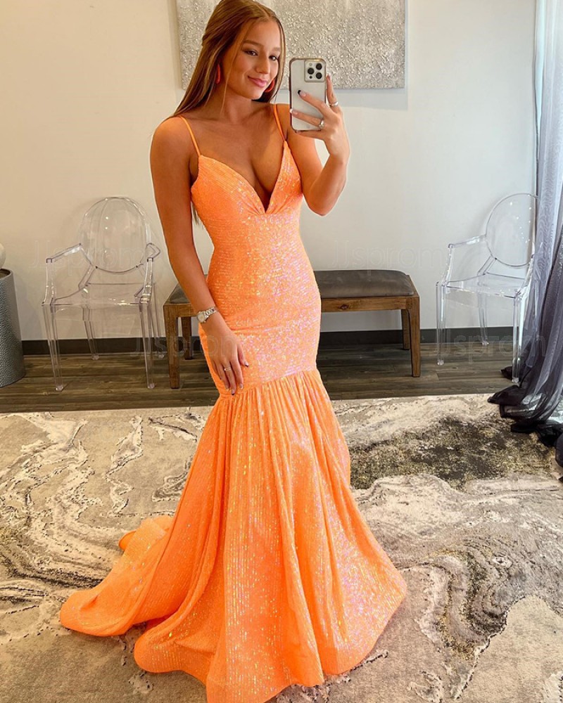 Orange Strappy Sequin Spaghetti Straps Mermaid Prom Dress PD2370