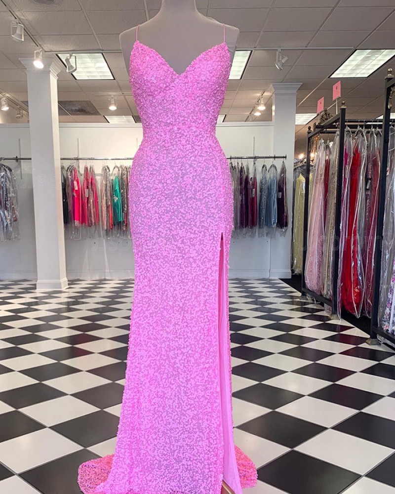 Pink Sequin Mermaid Spaghetti Straps Prom Dress with Side Slit PD2373