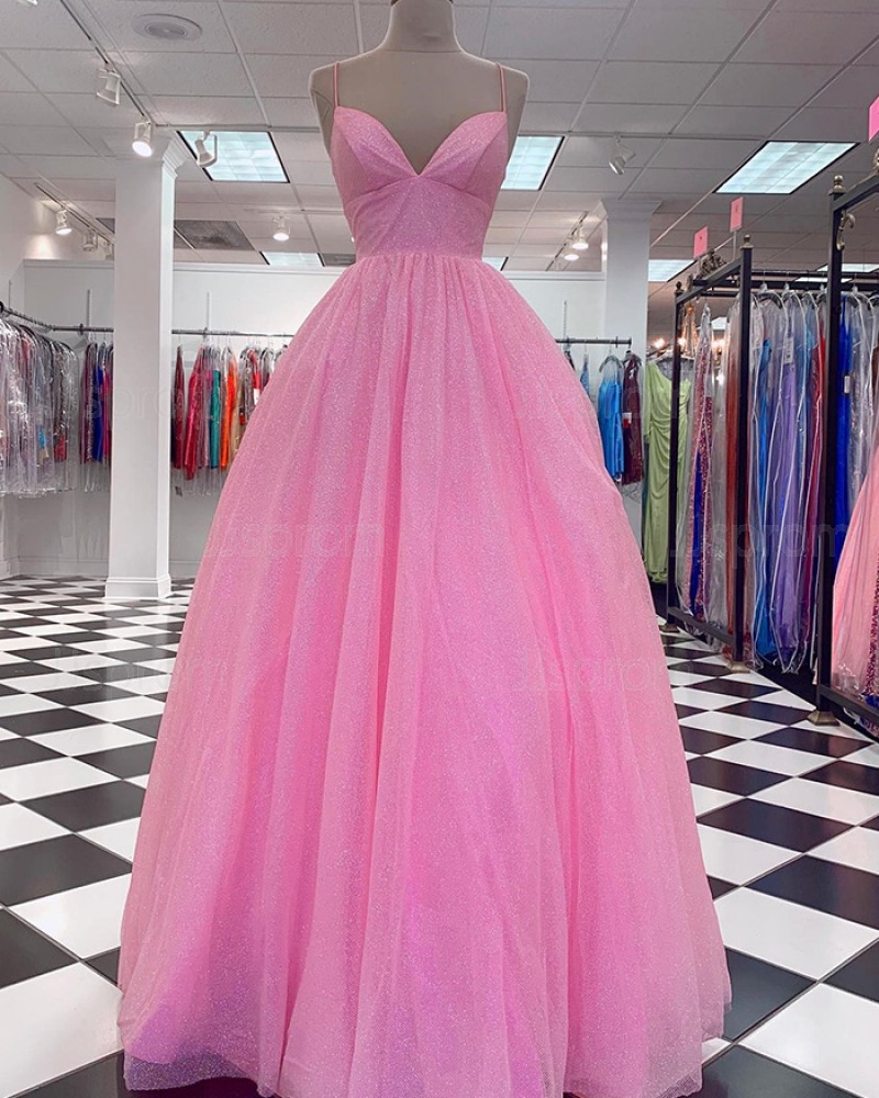 Metallic Tulle Pink A-line Spaghetti Straps Prom Dress PD2375