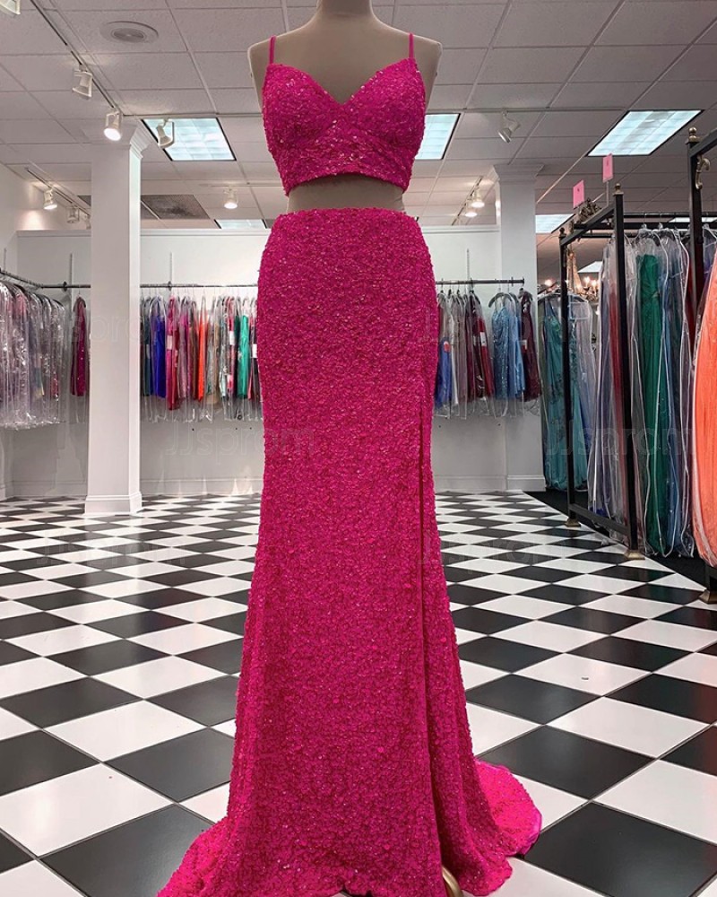 Burgundy Sequin Mermaid Two Piece Prom Dress with Side Slit PD2376