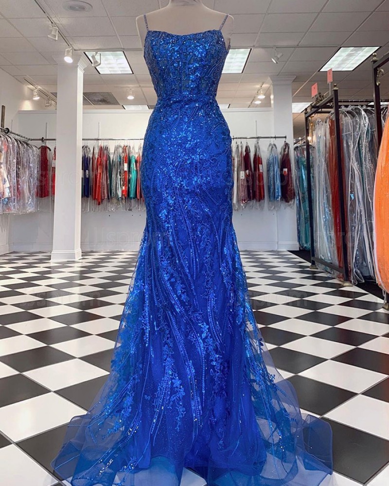 Beading Sequin Blue Mermaid Spaghetti Straps Prom Dress PD2377