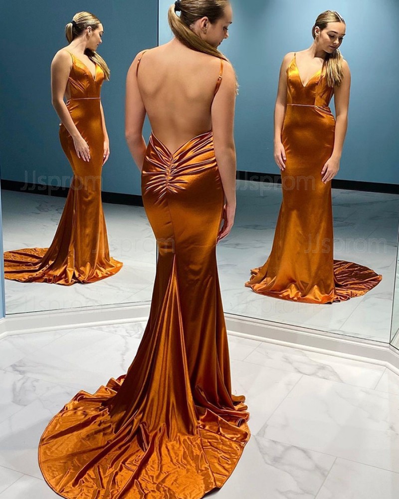 Spaghetti Straps Satin Orange Mermaid Simple Prom Dress with Open Back PD2380
