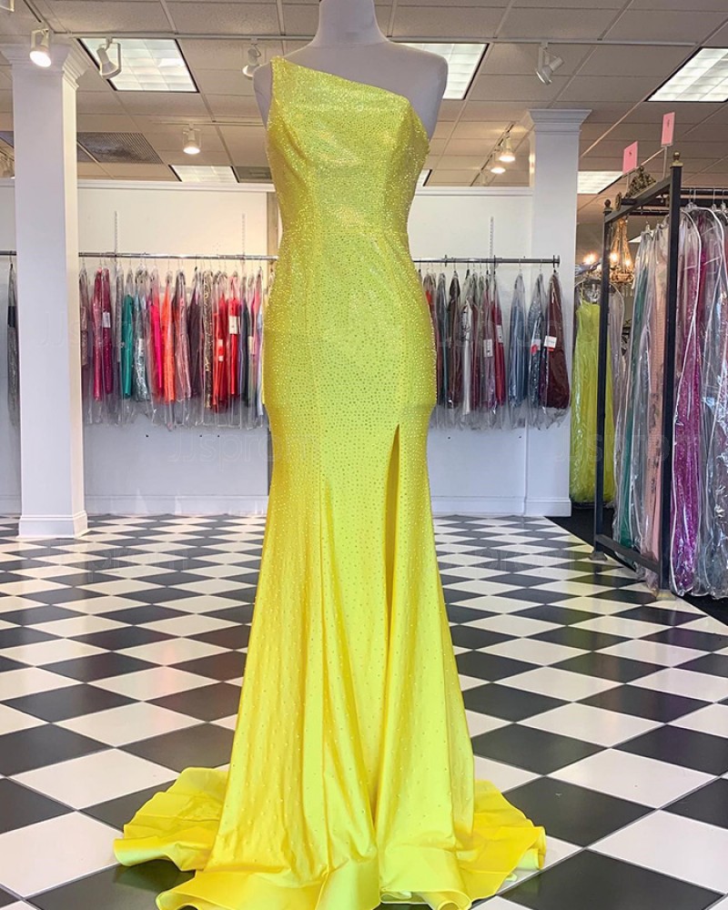 Yellow Beading Mermaid One Shoulder Prom Dress with Side Slit PD2382