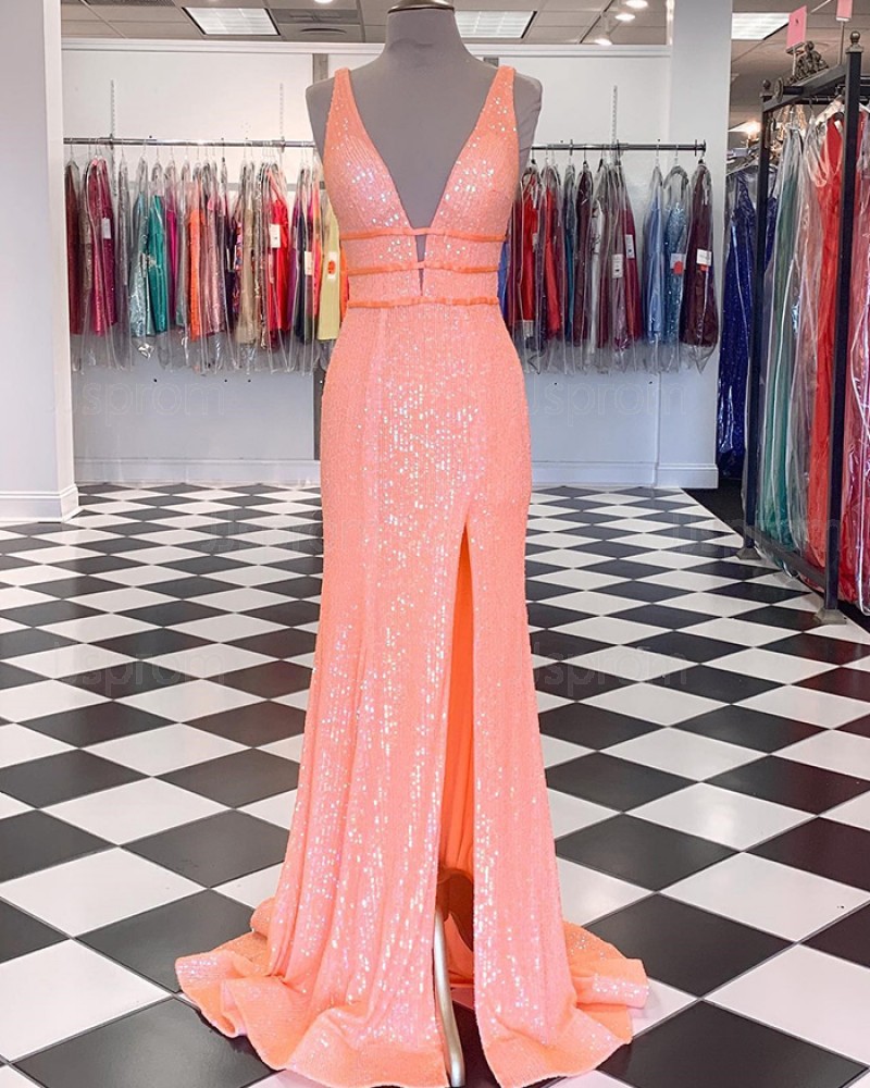 Buy coral pink strappy sequin mermaid v neck prom dress with side