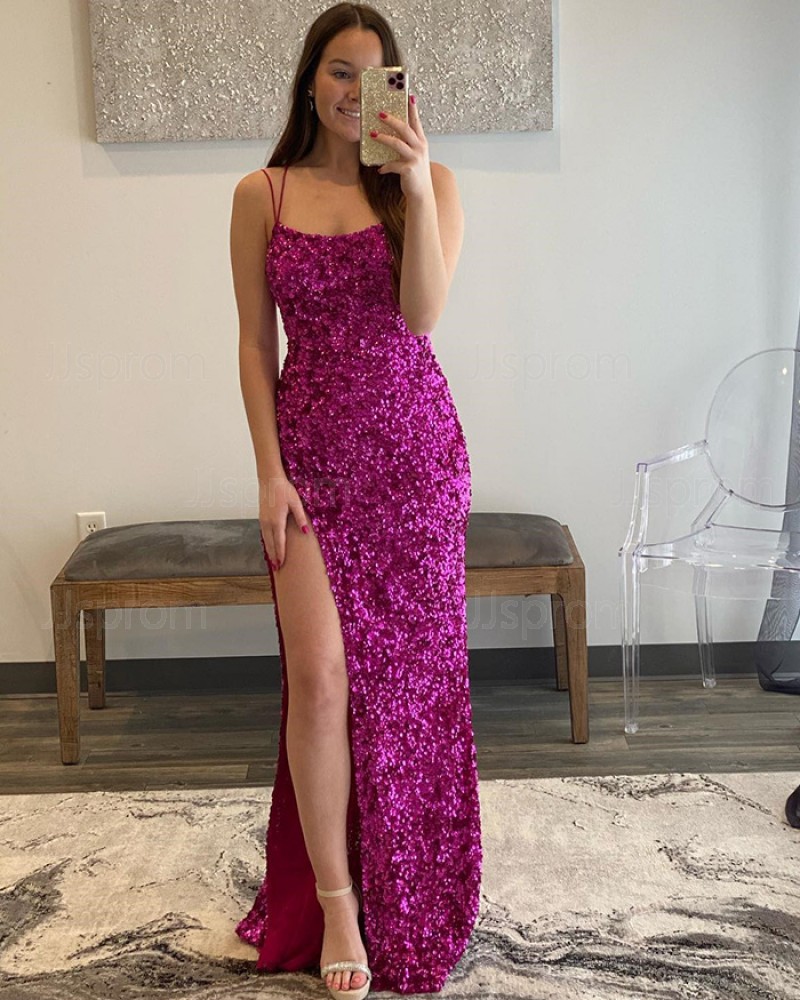 Rose Red Sequin Mermaid Spaghetti Straps Prom Dress with Side Slit PD2384