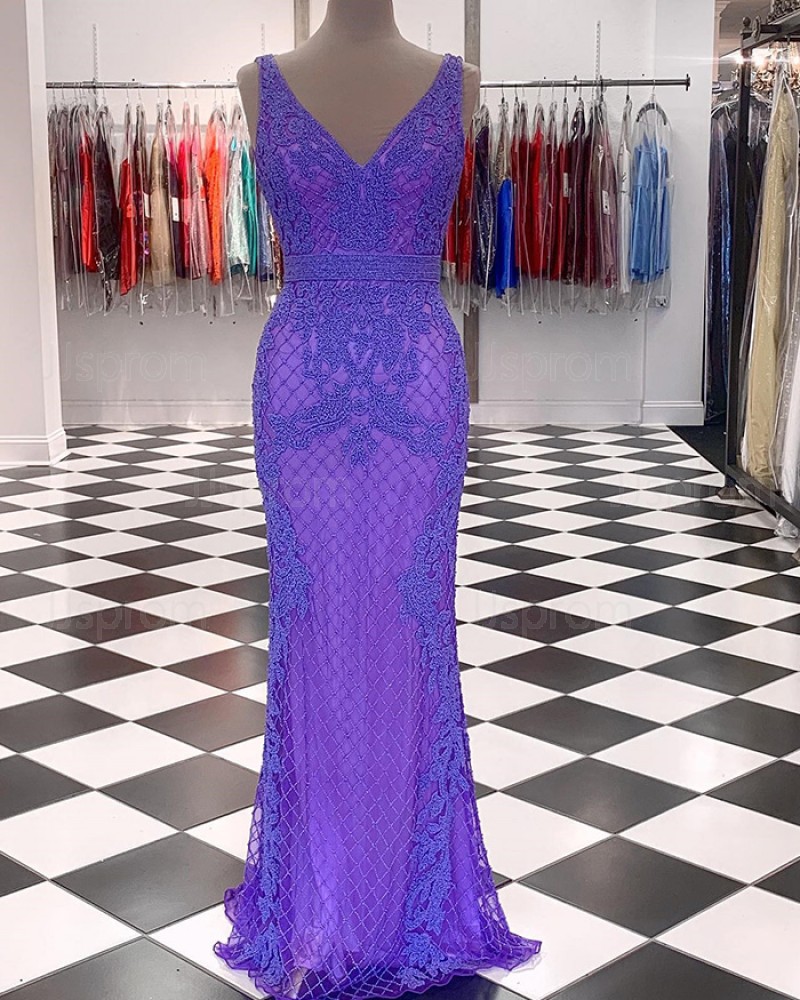V-neck Beading Blue Mermaid Gorgeous Prom Dress PD2385