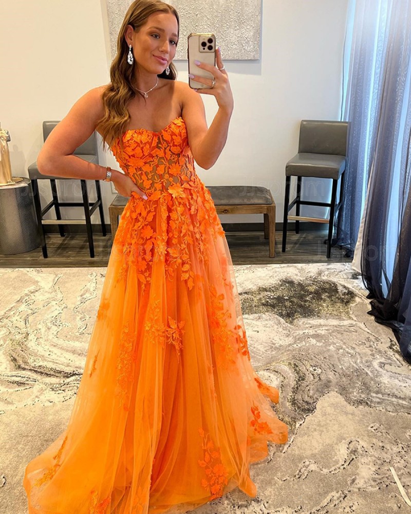 Orange Strapless Applique Tulle A-line Prom Dress PD2392