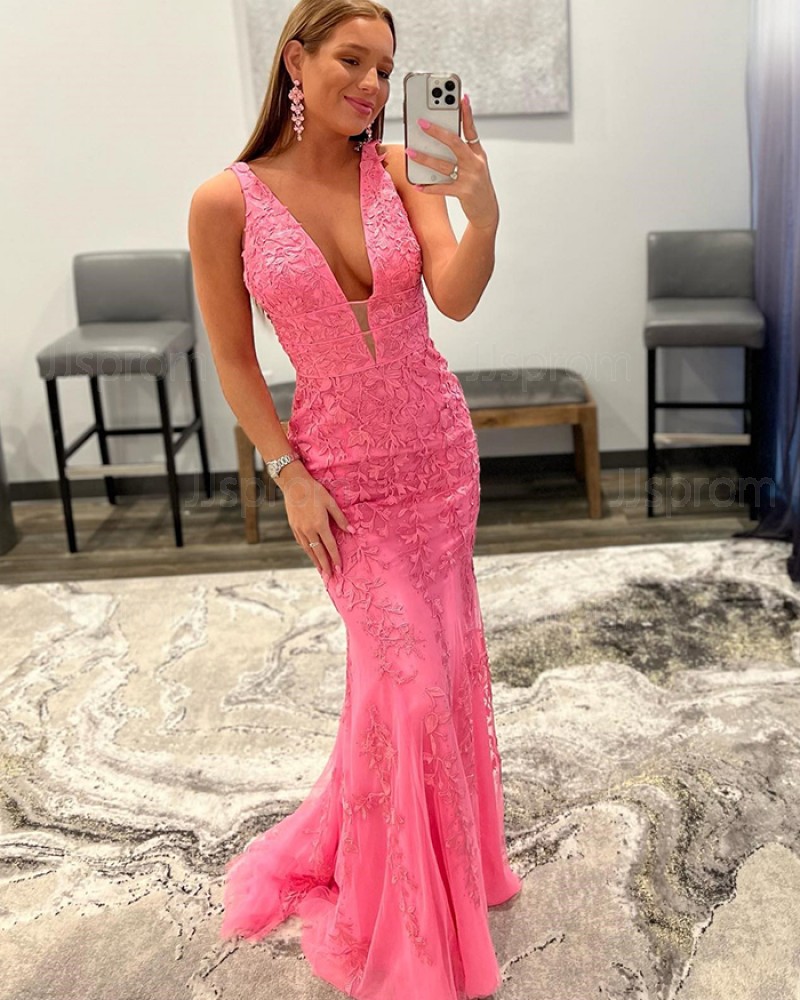 Pink Lace Applique V-neck Mermaid Prom Dress PD2393