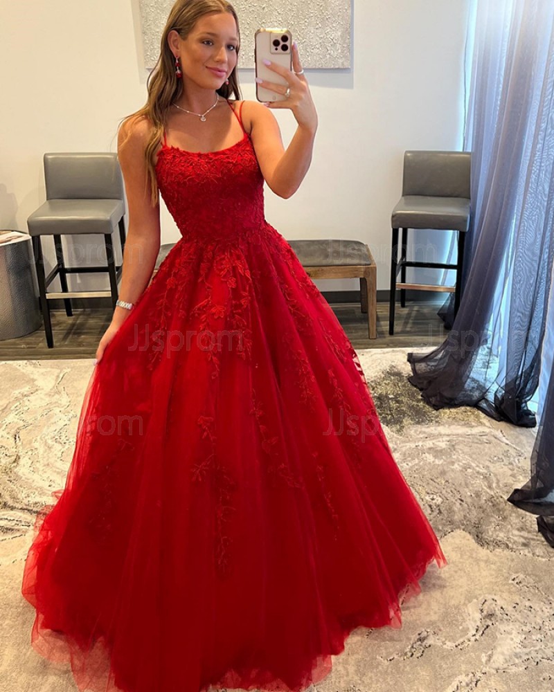 Lace Applique Spaghetti Straps Tulle Red Prom Dress PD2394