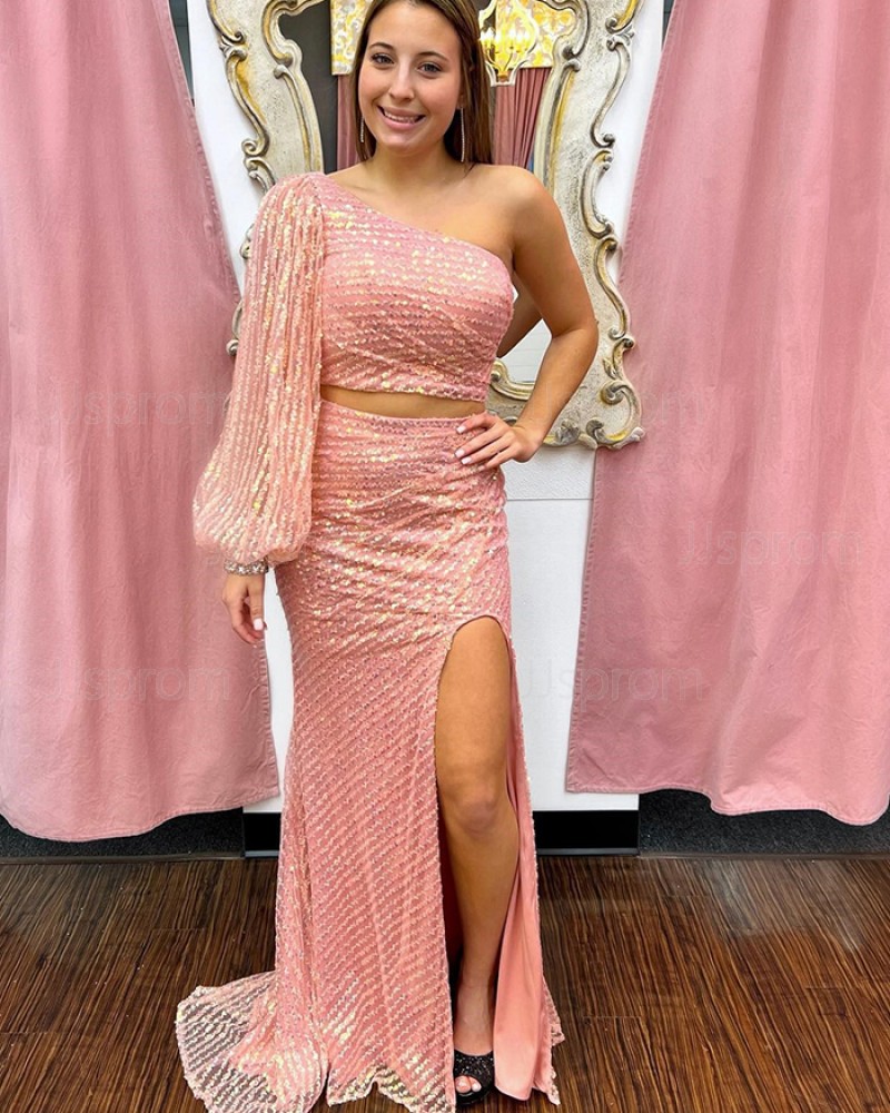 Pink Stripe Sequin One Shoulder & Two Piece Mermaid Prom Dress with Side Slit PD2398