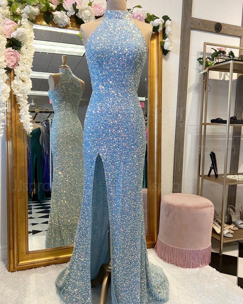 Light Blue High Neck Sequin Mermaid Prom Dress with Side Slit PD2401