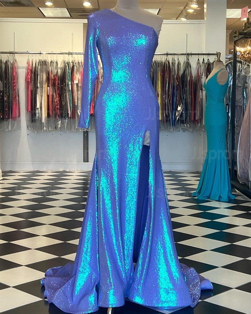 Long Sleeve One Shoulder Blue Sequin Mermaid Prom Dress with Side Slit PD2402