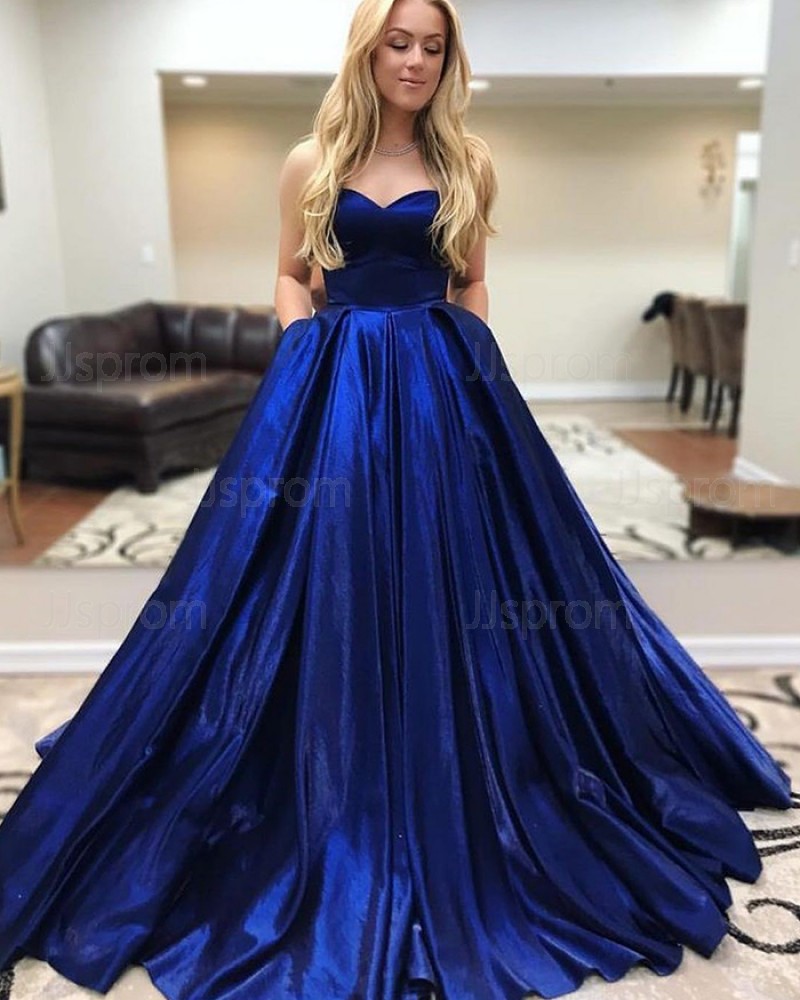 Spaghetti Straps Simple Satin Navy Blue Prom Dress with Pockets PD2404