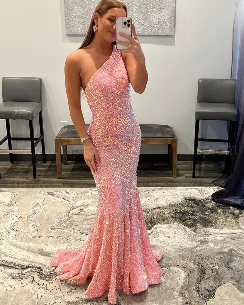 Pink Sequin One Shoulder Mermaid Prom Dress PD2406