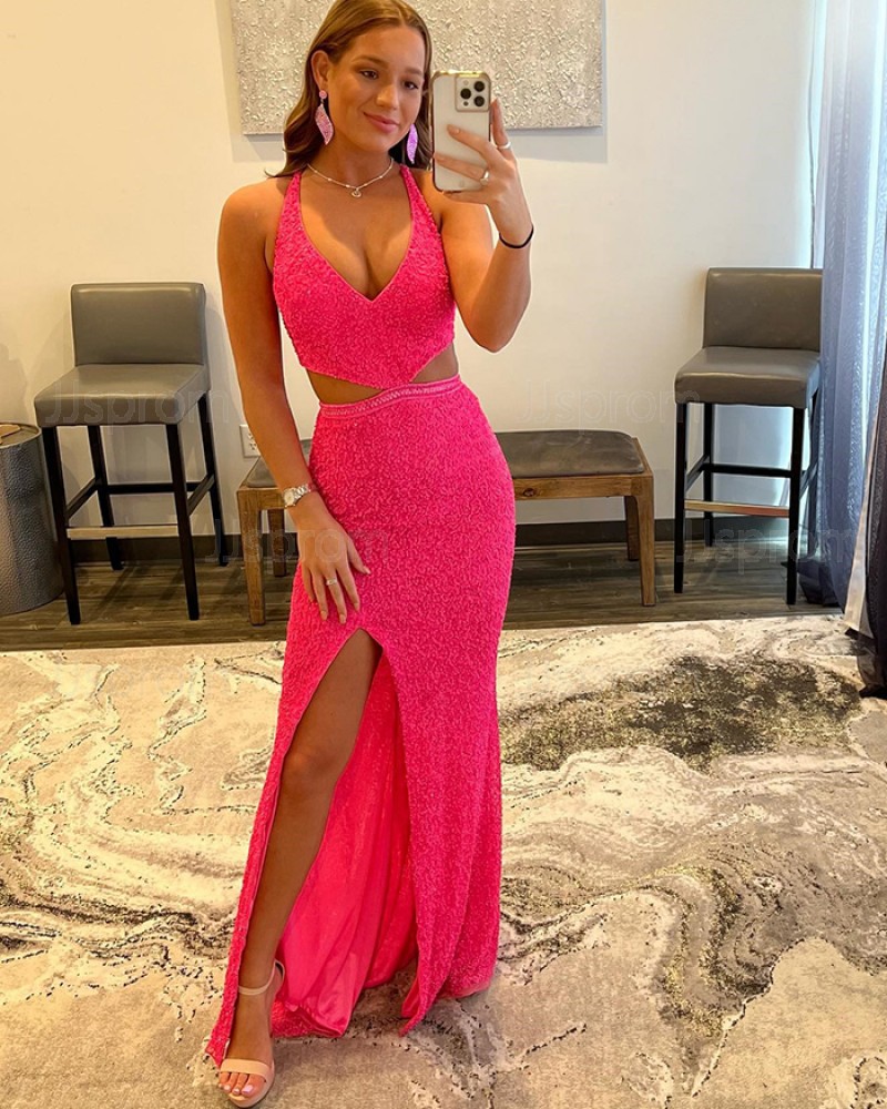 Cutout Halter Sequin Fuchsia Mermaid Prom Dress with Side Slit PD2422