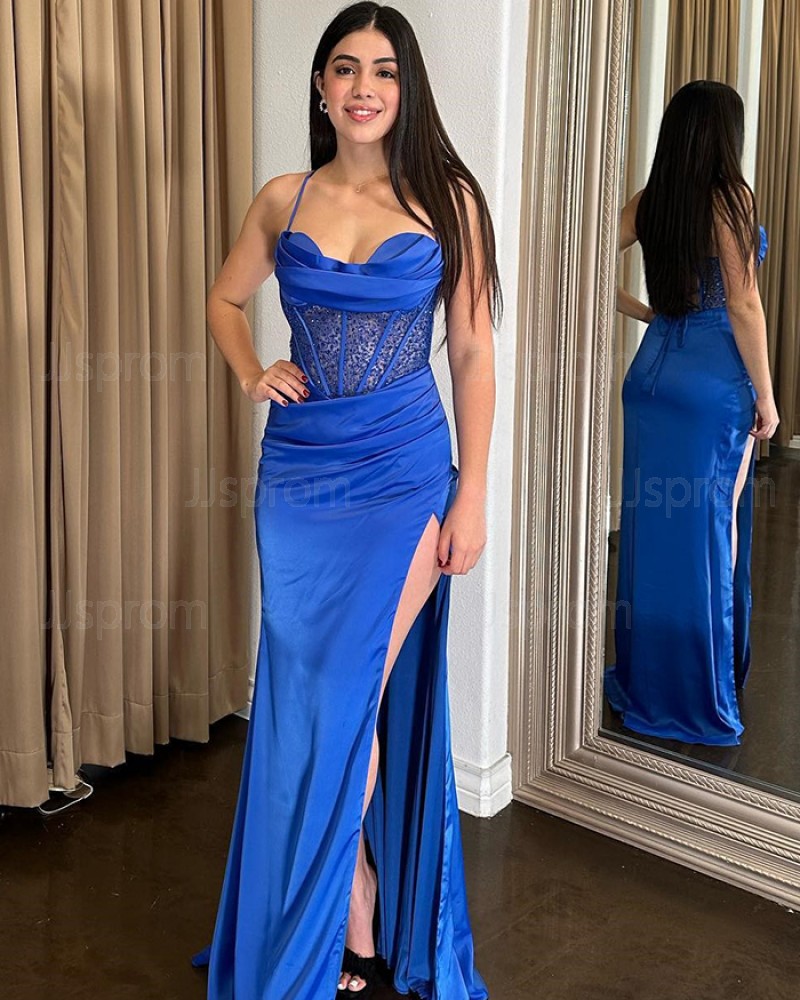 Blue Spaghetti Straps Ruched Beading Satin Mermaid Prom Dress with Side Slit PD2435
