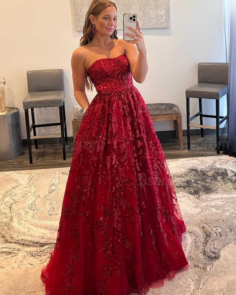 Red Strapless Sequin Lace A-line Prom Dress with Pockets PD2436
