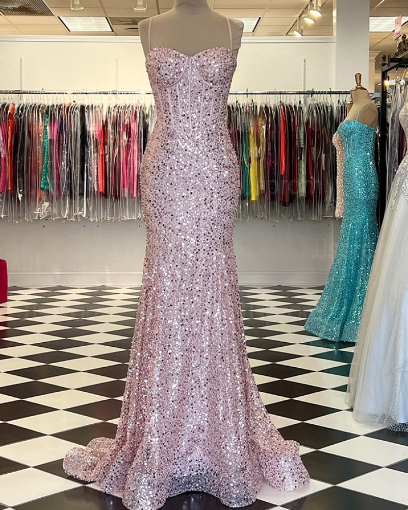 Multi-colors Spaghetti Straps Sequin Mermaid Prom Dress PD2446