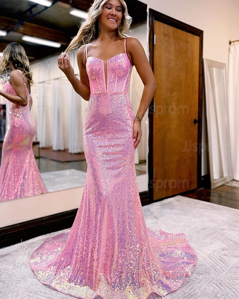 Sequin Pink Spaghetti Straps Mermaid Prom Dress PD2449