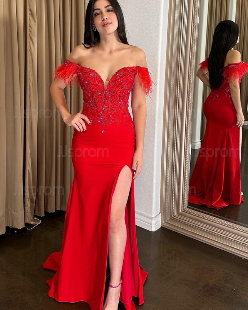 Feather Beading Red Off the Shoulder Mermaid Prom Dress with Side Slit PD2451