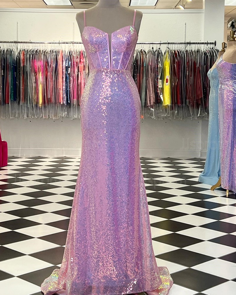 Pink Sequin Spaghetti Straps Mermaid Prom Dress PD2455
