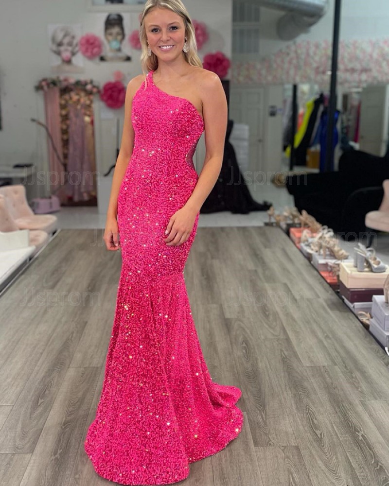 Fuchsia Sequin One Shoulder Mermaid Prom Dress PD2459