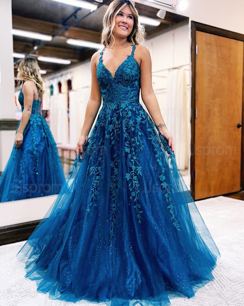 Blue Sparkling Applique Tulle A-line V-neck Prom Dress PD2471