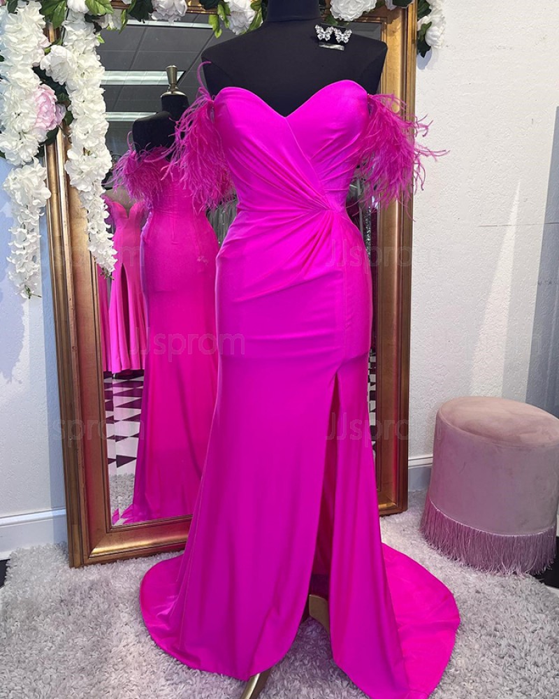 Fuchsia Ruched Satin Sweetheart Prom Dress with Feathers PD2473