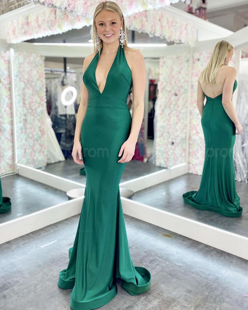 Halter Green Satin Mermaid Simple Prom Dress PD2477